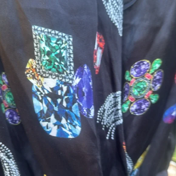 Jewel Printed Silk Waterfall Neckline Long sleeve Top Mob Wife Italian Lux Sz L - Picture 4 of 9
